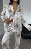 Pijama din satin 2 piese floral crem