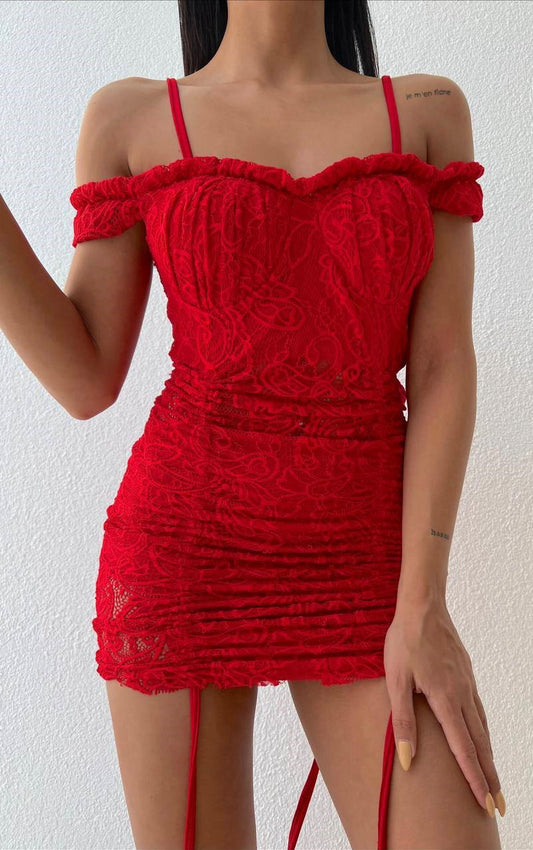 Lace midi dress with cords and red cups