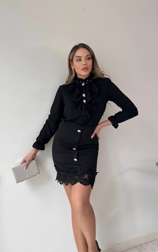 Rochie midi cu volane dantela si pietre neagra