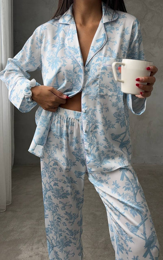 Pijama din satin 2 piese nature bleu