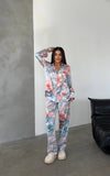 Pijama din satin 2 piese dalie albastra