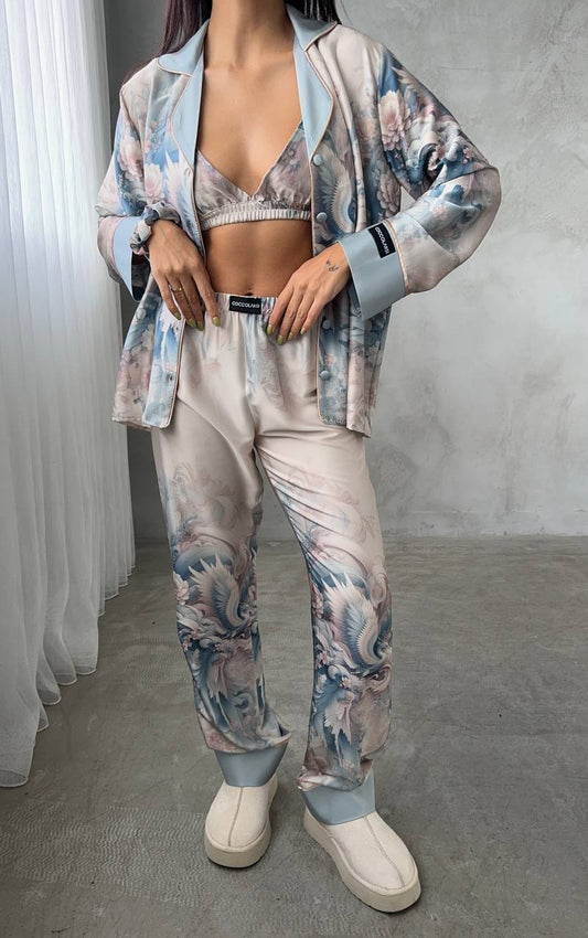 Pijama din satin 4 piese wings albastru