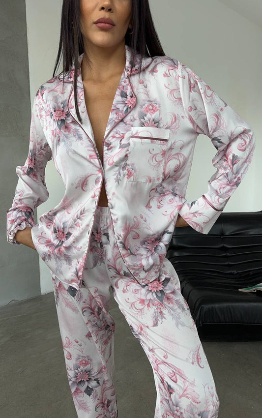 Pijama din satin 2 piese floral roz