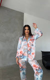 Pijama din satin 2 piese dalie albastra