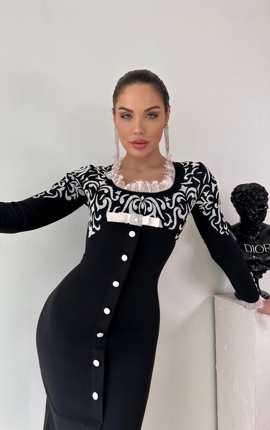 Rochie midi cu nasturi si imprimeu tribal neagra