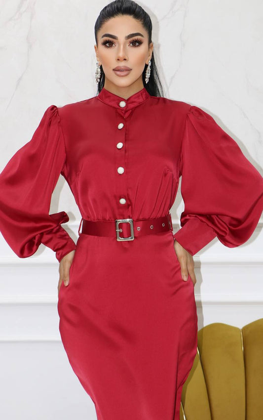 Red Nimfora dress with cuffs, puff sleeves and belt