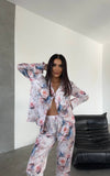 Pijama din satin 2 piese camelii mov