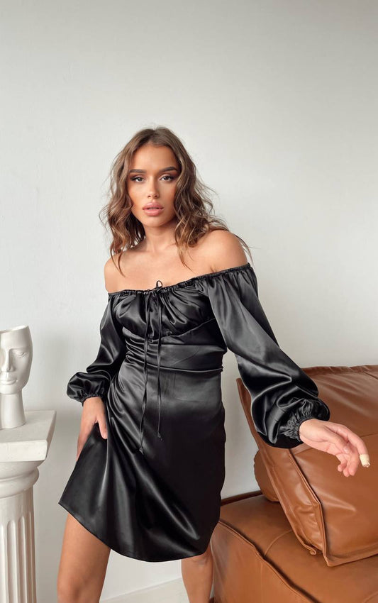 Rochie midi din satin cu maneci si snur neagra