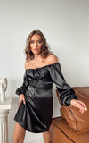 Rochie midi din satin cu maneci si snur neagra