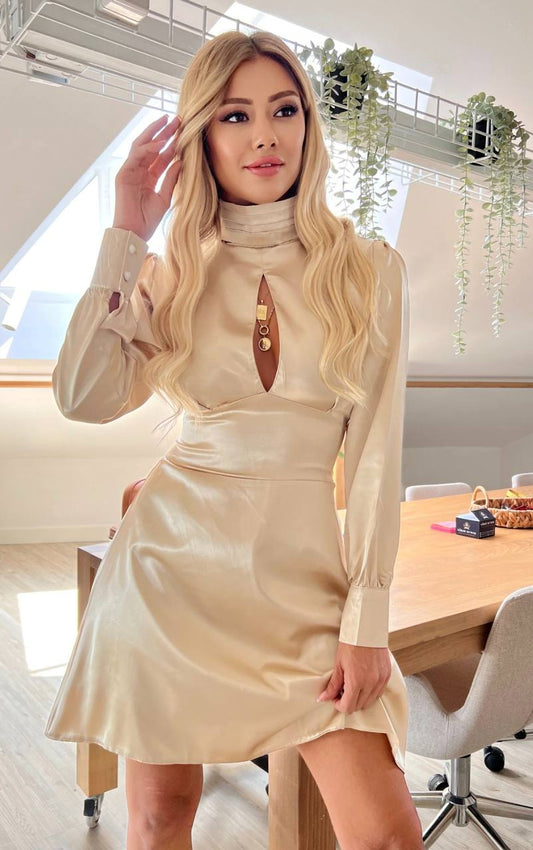 Satin midi dress with cream collar and neckline