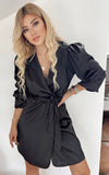 Black satin midi dress with drawstring sleeves and elastic on the sleeves