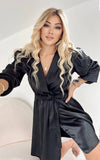 Black satin midi dress with drawstring sleeves and elastic on the sleeves